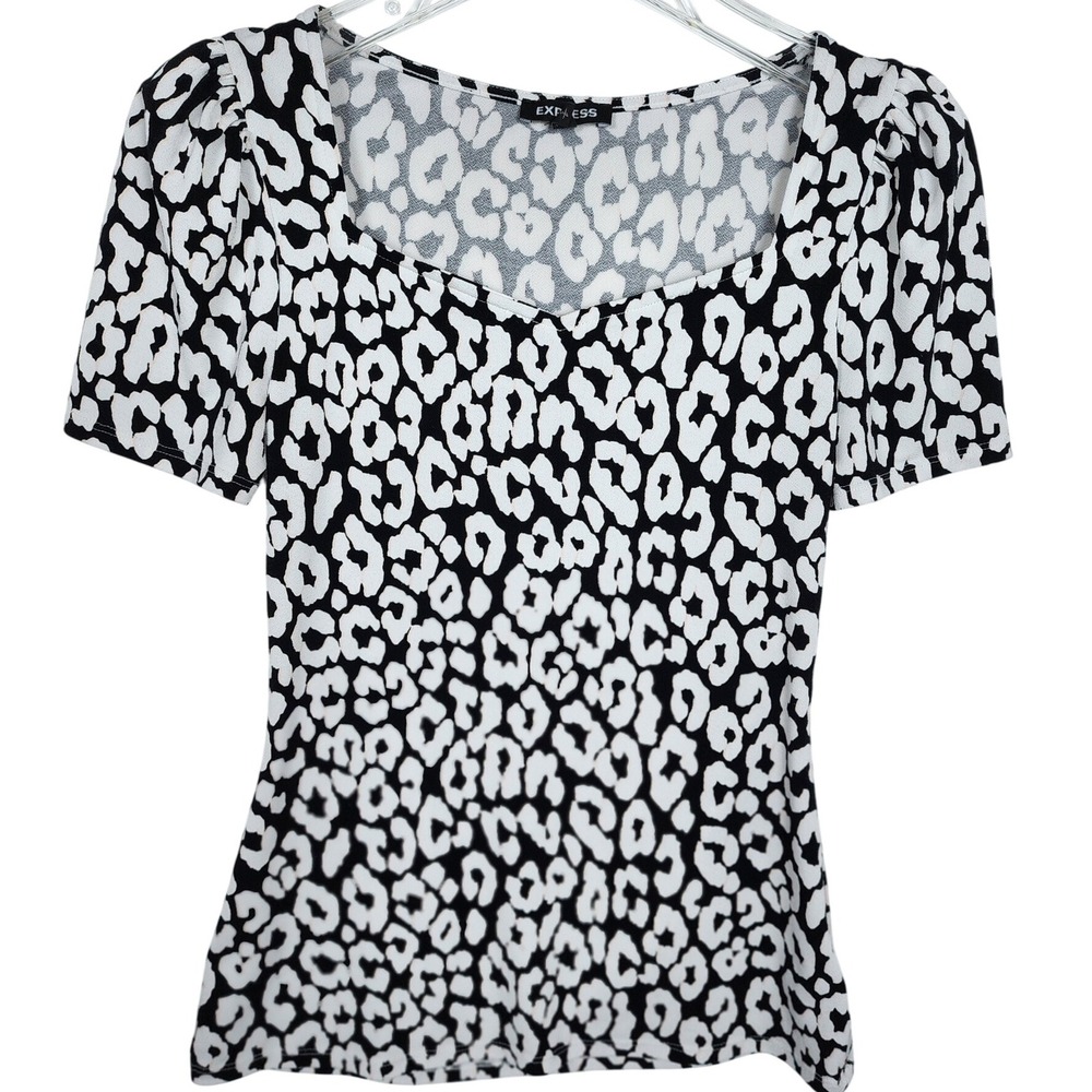 Express Womens Topโ Black White Animal Print Puff Sleeve Square Neck Size S